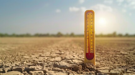 A thermometer showing an extremely high temperature against a background of a dry, barren field, emphasizing rising global temperatures