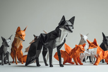 Colorful Origami Foxes in Various Poses on a Neutral Background - Artistic Paper Craft Animals in Black, White, and Orange - Creative and Modern Origami Art for Decoration and Design Inspiration