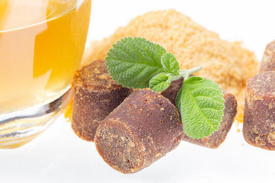Piloncillo, ground piloncillo and piloncillo tea isolated