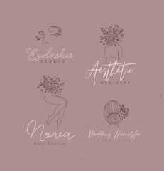 Beauty floral woman modern labels face bust legs head with flowers lettering eyelashes studio, aesthetic medicine, hair removal, wedding hairstyles drawing in linear style on light brown background