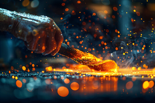 Glassblower crafting glass pieces with molten glass. Artisan working in glassblowing studio. Glass art and craftsmanship concept for design and print. Close-up photography