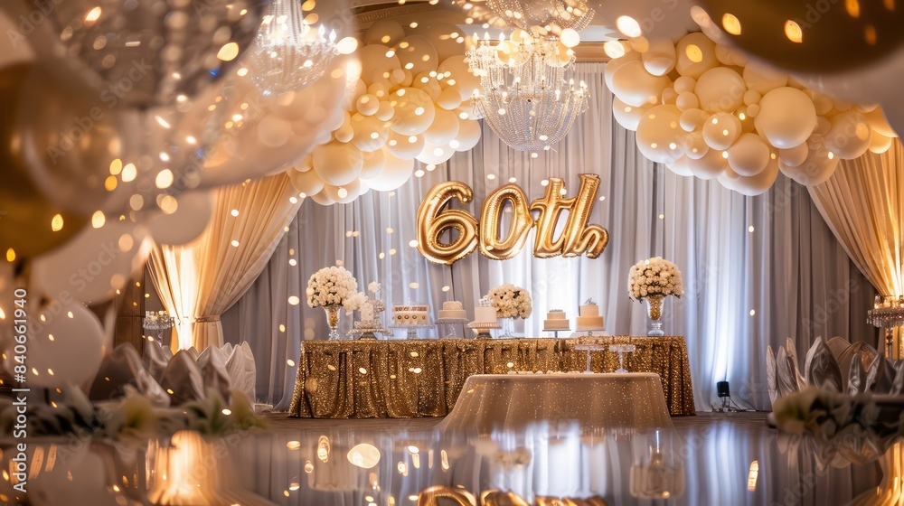 Poster a room with a large number of balloons and a sign that says 60th