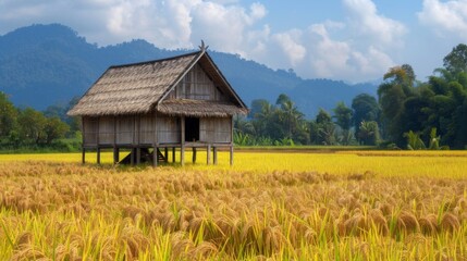 Obraz premium A traditional wooden rice barn standing amidst golden rice stalks, ready to store the harvest and ensure food security for the community