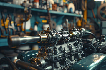 Fototapeta premium Rebuilt engine in a modern workshop. Mechanical engineering and automotive restoration concept