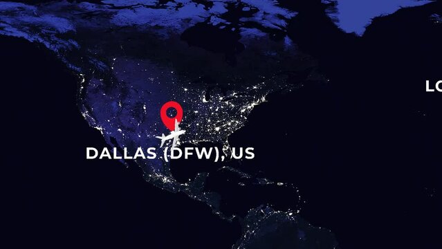 International flight night travel route from DALLAS (DFW), US to LONDON HEATHROW (LHR), GB on worlds map in 4K