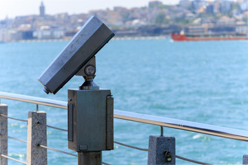 Observation deck and binoculars for viewing the sea and the city of Istanbul in a public place