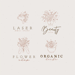 Beauty floral woman modern symbols head hands kitchen mortar with flowers and lettering bikini studio flower shop organic herbs drawing in linear style on light background