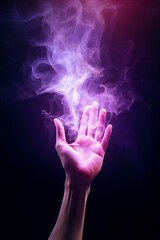 Obraz premium Purple Glowing fantasy hand concept. Ethereal magical fantasy wisps of magical glowing neon smoke set against a black background. Wizardry. Glowing palm of a hand. Surreal energy glow. 