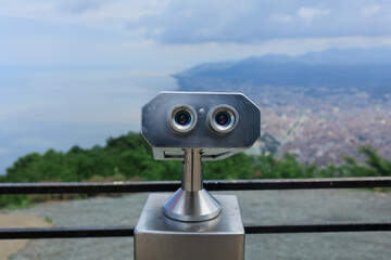 Observation deck and binoculars for viewing the sea and the city of Istanbul in a public place