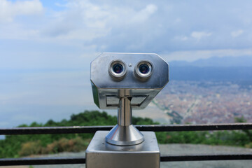 Observation deck and binoculars for viewing the sea and the city of Istanbul in a public place