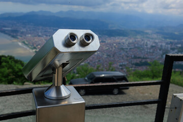 Observation deck and binoculars for viewing the sea and the city of Istanbul in a public place. 