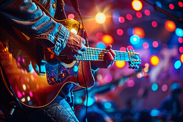 Musician playing guitar on stage with colorful lights in the background. Concert performance photography. Design for poster, banner, print, and advertisement