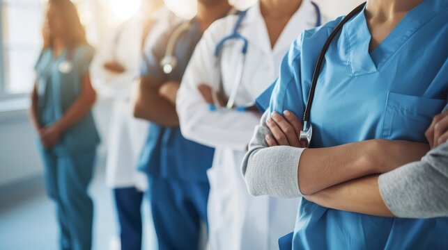 Close-up of a doctor in blue scrubs with a stethoscope, with a medical team in the background. Ideal for healthcare, teamwork, and medical professionalism concepts.