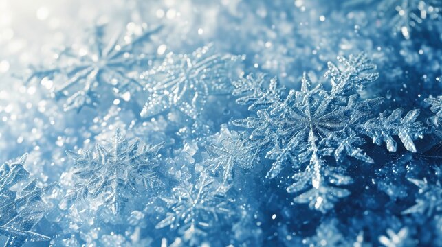 Close-up of intricate snowflake patterns on a blue background, great for winter or cold weather-themed designs