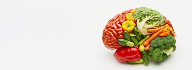 Brain made from vegetables like carrots, broccoli and paprika, healthy food and lifestyle, vegan nourishment 