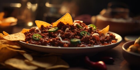 A warm bowl of chili served with crunchy tortilla chips on a wooden table