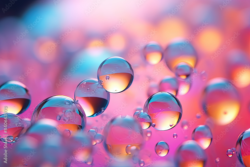 Aufkleber pink holographic bubbles floating on the soft colorful abstract background in beautiful vivid tones.