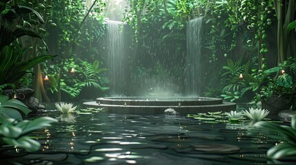 Serene tropical waterfall in lush green jungle with lily pads in a tranquil pond, bathed in natural sunlight, perfect for relaxation and peace.