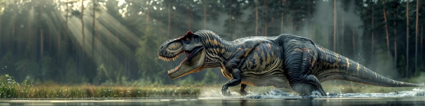 A powerful, extinct predator, resembling a dinosaur, hunts by water's edge.