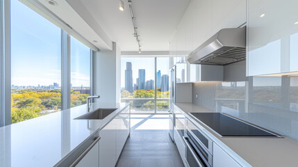 Fototapeta premium Modern Simplicity: White Kitchen with a Touch of Skyline Glamour