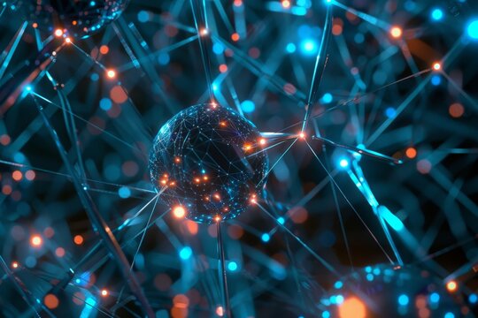 Abstract futuristic neural network with glowing connections and nodes, representing artificial intelligence and data transmission.