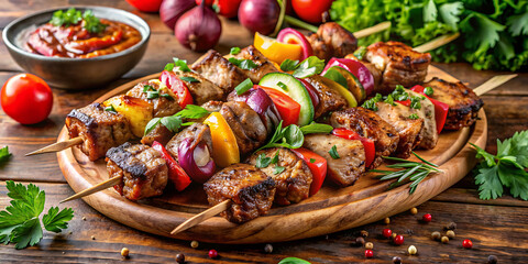 Fototapeta premium grilled meat with vegetables tasty food shashlik