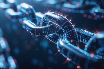 Close-up of a digitized chain link representation, symbolizing blockchain technology and digital security in a futuristic concept.