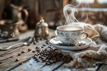 Vintage coffee scene, warm and comforting, with a steaming cup. Rustic style for cozy mornings and peaceful moments. Perfect for blogs or prints capturing the essence of relaxation. Generative AI