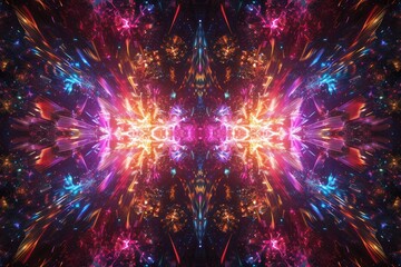 Fototapeta premium Vibrant abstract symmetrical light pattern with vivid colors, creating a dynamic and mesmerizing visual effect perfect for creative designs.