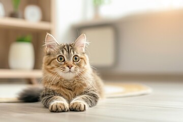 A photo of a beautiful cat lying on the floor, looking at the camera, with a blurred background. Space for copy.
