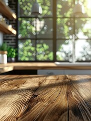 A simple wooden table placed in front of a window with a view