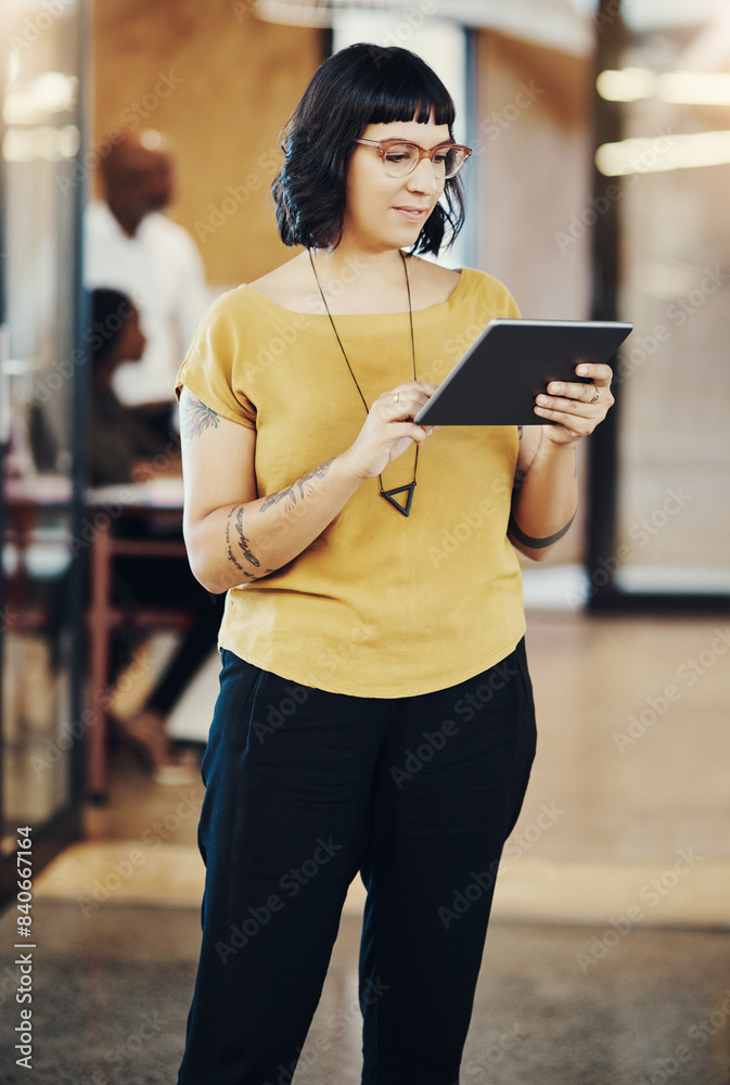 Poster woman, tablet and thinking with idea at startup, typing or check notification on web in modern offic