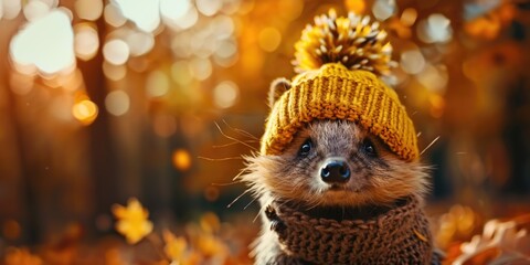 Obraz premium A raccoon wearing a knitted hat and scarf, perfect for winter scenes or holiday-themed images
