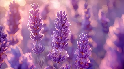 Obraz premium Close-up of lavender flowers blooming in a field, bathed in soft sunlight.