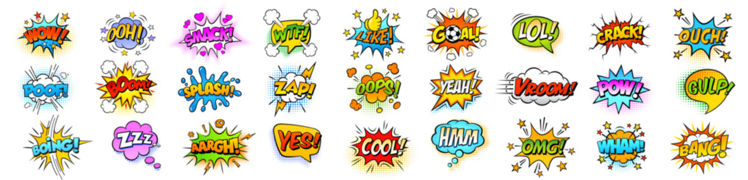 Vector set comic speech bubbles, book sound effects. Pop art messages different shapes, emotions. Comics font label tag expression, fun book balloon. Cartoon explosion cloud phrase on white background