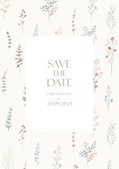 Wedding card design with wild flower background. Floral invitation template with botanical pattern, inviting to engagement and marriage ceremony.