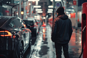 Fototapeta premium A person waits for a bus under an umbrella during rainy weather at a gas station