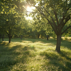 Fototapeta premium Sunlit Forest Meadow with Lush Green Trees and Grass in Early Morning Light, Creating a Serene and Tranquil Natural Landscape Perfect for Nature Lovers and Outdoor Enthusiasts