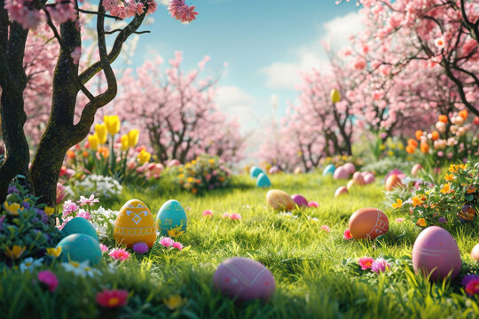 Colorful Easter Eggs Hidden in a Blooming Spring Garden with Cherry Blossoms and Tulips Under a Clear Blue Sky