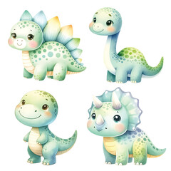 Set of whimsical baby dinosaurs watercolors: ideal for nursery decor and playful children's posters.