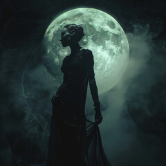 Fototapeta premium female figure as silhouette in front of the full moon