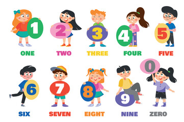Numbers illustration in flat cartoon design. This image shows children holding signs with numbers from one to zero in a bright color palette. Vector illustration.