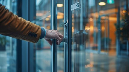  Close-up of a man's hand using a smart access card to open a glass door, showcasing modern security technology in a business setting.