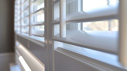 Close-up view of white plantation shutters filtering soft light into a room, highlighting their elegant design and functionality in home decor.