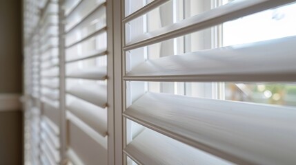 Close-up view of white plantation shutters filtering soft light into a room, highlighting their elegant design and functionality in home decor.