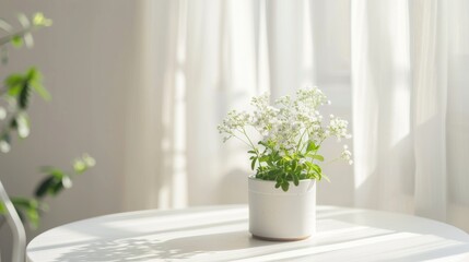 Sunlit Potted Plant on Modern White Table.  A small potted plant basking in soft sunlight on a sleek white table, conveying freshness and tranquility in a modern setting.