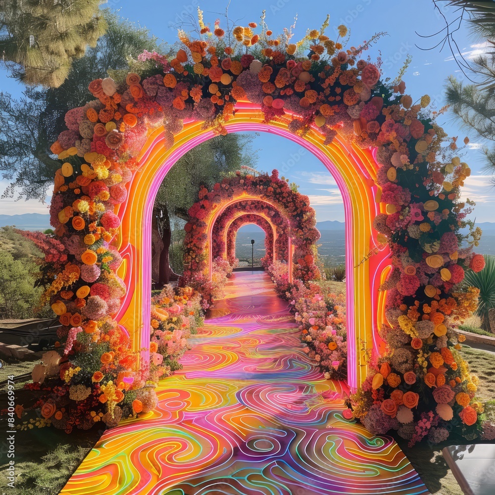 Poster a colorful archway with flowers and a rainbow pattern