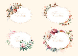 Vintage floral frame with flowers on a cream background.