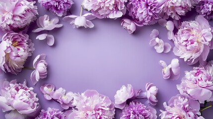 Elegant lilac background with a frame of lilac purple peony flowers, suitable for wedding invitations, cosmetic products, Mother's Day, Valentine's, Woman's Day mock ups, providing copy space