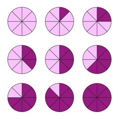 Obraz premium Colorful pie charts. Pink and purple. Circular graph designs. Modern vector set.